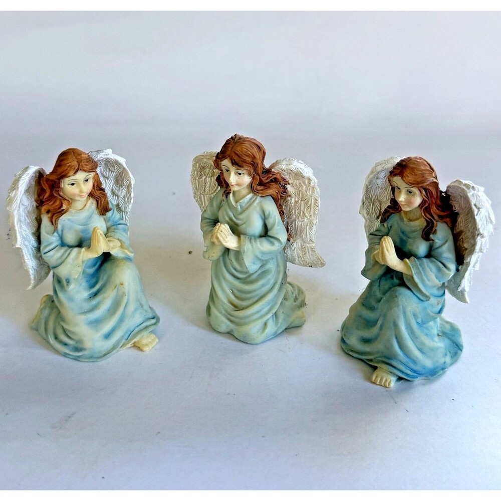 Set of 3 Kneeling Angel Figurines Resin Hand Painted Blue White 3 in Christmas